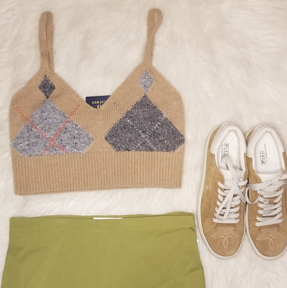 POLO RALPH LAUREN Argyle Knit Cashmere Wool Crop Ekose Camel Brown Top - Picture 5 of 11